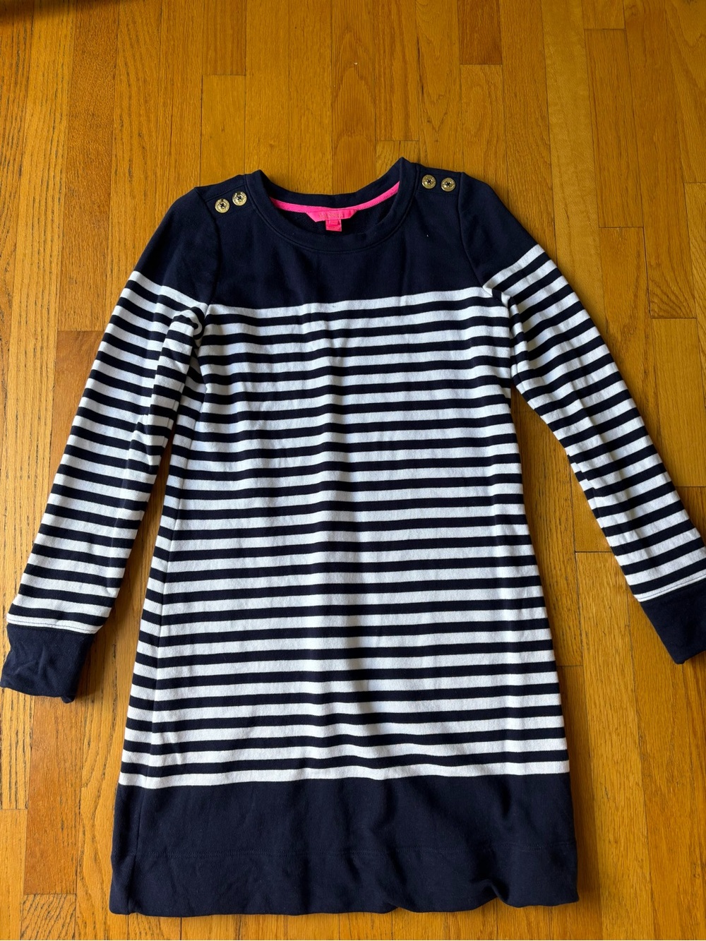 Lilly Pulitzer Navy & White Striped Long-Sleeve Knit Dress with Gold Buttons